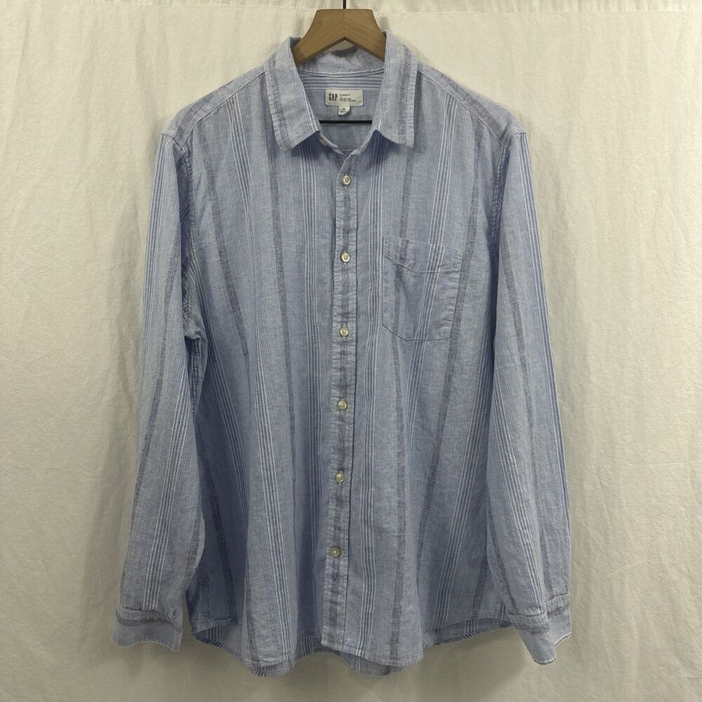 GAP Coastal Blue Linen Blend Standard Fit Button Up Shirt Mens XL Resort Beach